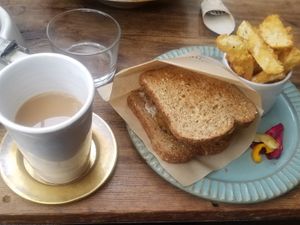 soymilk chai and veggie burger with fries at Beach Muffin in Zushi
