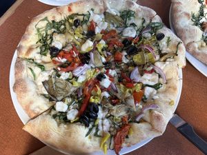 The Greek pizza with vegan feta instead of dairy cheese - very good!   at paesanos in Sacramento