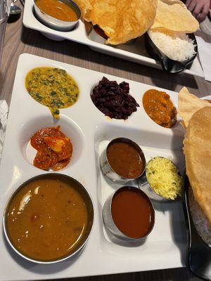 Thali made vegan (with poori)  at Annalakshmi in Hamilton