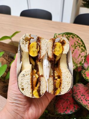 Dark Choc with Homemade Peanut Butter Jam. Real Yum. at Bagel's Dream in George Town