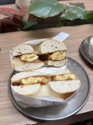 Bananas and homemade peanut butter   at Bagel's Dream in George Town