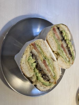 Meatless option from the menue, adjusted to be vegan. (Removed the egg, replaced the cheese with vegan cheese, increased the amount of veggies and additionally I added a hashbrown) at Bagel's Dream in George Town