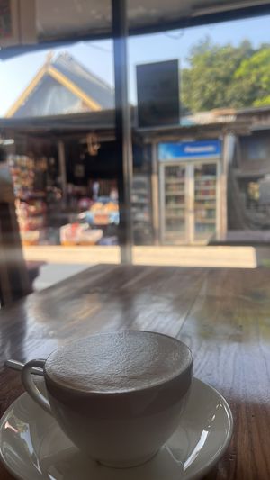 Soy cappuccino + vibe  at Jay's Coffee Shop in Don Det