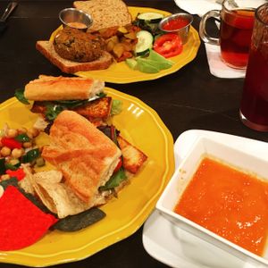 Sweet Potato and Black Bean Burger, Tomato Red Pepper Soup of the Day, Seared Tofu Sandwich (special of the day), iced Hibiscus Berry tea, Earl Grey at Infini-T Cafe and Spice Souk in Princeton