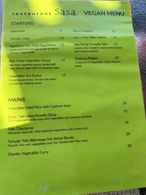 Vegan menu  at Sasa in Blenheim