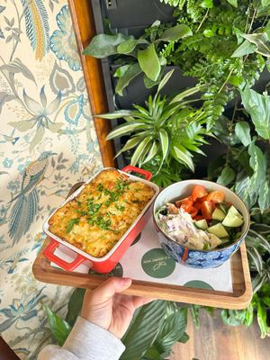 Creamy 'Fish' Pie - Banana Blossom marinated in Seaweed & Smoked Tofu, served with a house salad at The Botanical Kitchen in Bowness-on-windermere