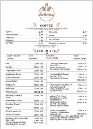 The Botanical Kitchen drinks offerings (full menu online) at The Botanical Kitchen in Bowness-on-windermere