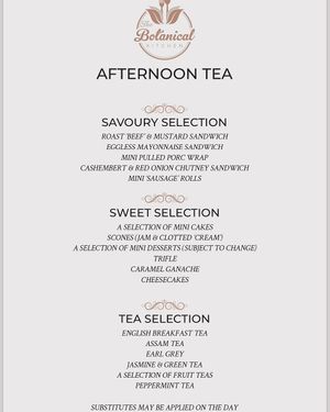 Afternoon Tea Menu, soon to be a Saturday regular at The Botanical Kitchen in Bowness-on-windermere