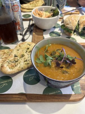 Lentil Dahl soup with naan bread  at The Botanical Kitchen in Bowness-on-windermere