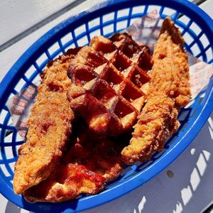 Waffles & Chik’n w/ Maple Syrup at Shotwave Coffee in North West London