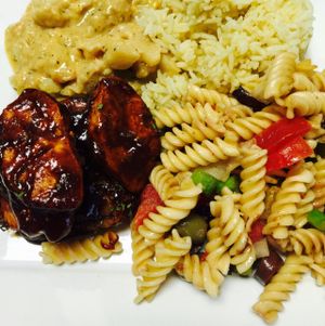 BBQ Wings, Pasta Salad , Jasmine Rice and Baked Cheese Cauliflower  at Vegan Take Out Plus in Tampa