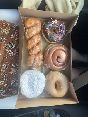 Chocolate, honey bun, maple, plain twist and raspberry filled   at Le Cave's in Tucson