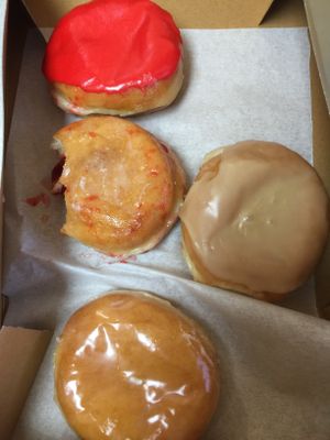 jelly filled, glazed, maple frosted, strawberry frosted at Le Cave's in Tucson