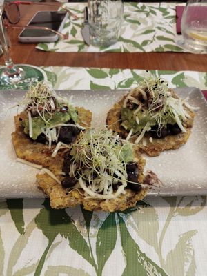 Patacones veganos (plátano macho madurado con frijoles, guacamole, pico de gallo y queso vegano) at El Jardinet Secret in Mataro