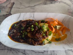 Vegan Eggplant Stew with FuFu at Legacy Village West African Cuisine in Muncie