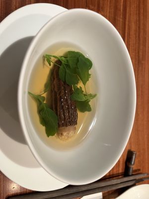 Mushroom stuffed with quinoa in a bland broth   at Fu He Hui in Shanghai