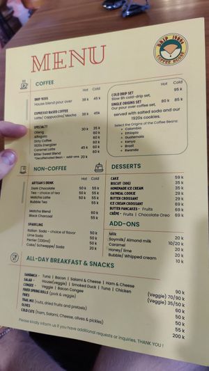 Menu at Drip 1920s in Vientiane