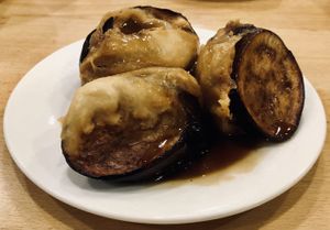 Fried eggplant with vegetarian meat at The Original Buddha Bodai - Kosher Vegetarian Restaurant in New York City