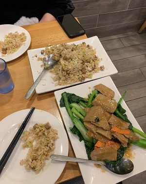 'Beef' and Chinese Broccoli and the 'beef' fried rice. All so delicious - and both of these options were gluten free. at The Original Buddha Bodai - Kosher Vegetarian Restaurant in New York City