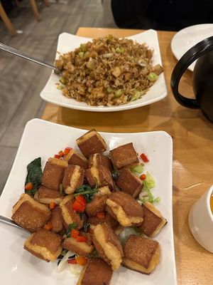 fried rice and pork ribs at The Original Buddha Bodai - Kosher Vegetarian Restaurant in New York City