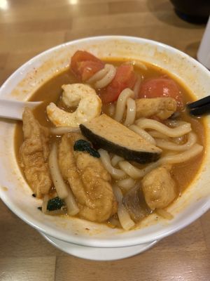 Laksa.. interesting cake made with sea weed did taste fishy  at The Original Buddha Bodai - Kosher Vegetarian Restaurant in New York City