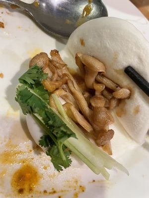Beaded beech mushroom bao buns (2)  at The Original Buddha Bodai - Kosher Vegetarian Restaurant in New York City