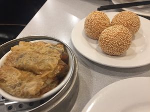 buddha bean curd rolls & sweet sticky rice sesame balls at The Original Buddha Bodai - Kosher Vegetarian Restaurant in New York City