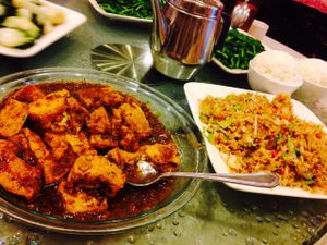 Tofu w cedar sauce at The Original Buddha Bodai - Kosher Vegetarian Restaurant in New York City