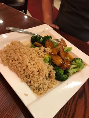 Vegan chicken, rice and broccoli at The Original Buddha Bodai - Kosher Vegetarian Restaurant in New York City
