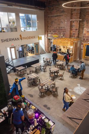 The common seating area at the Sherman Phoenix. Grab your food and hang out here. at Planted Vibes in Milwaukee