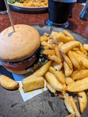 Veggie Burger with chips at The Korumburra Middle Hotel in Korumburra