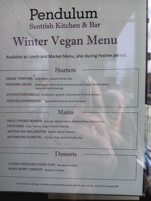 Vegan menu at Pendulum Bar & Grill in Paisley