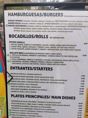 The menu at La Terracita in Malaga
