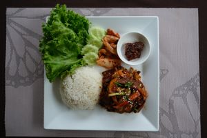 Spicy Kimchi Soy Beef at Manna Kitchen in Battambang