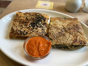 “Meat” Börek and Spinach Börek plus Ajvar  at etisch. in Munich
