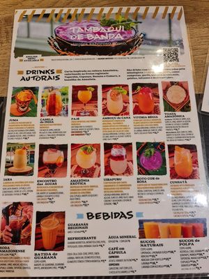 Drinks menu at Tambaqui de Banda in Manaus