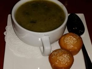 bowl of spinach potato soup at A Votre Sante in West Los Angeles