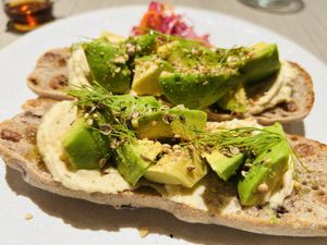 Vegan avocado on fig rye toastt  at plant more in Tokyo