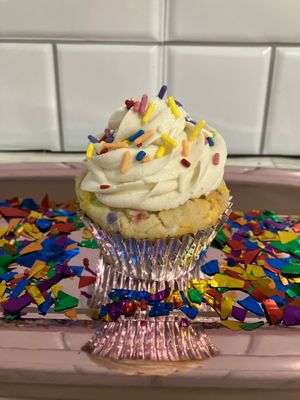 My newest menu addition, the Rainbow Connection cupcake is a dye free Funfetti cupcake, with either vanilla or chocolate buttercream, and decorated with dye free rainbow sprinkles! at Lizzie The Baker - Pre-order in Woodstock