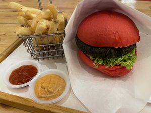 Spinach burger and French fries   at Burger on 16 in Kuala Lumpur
