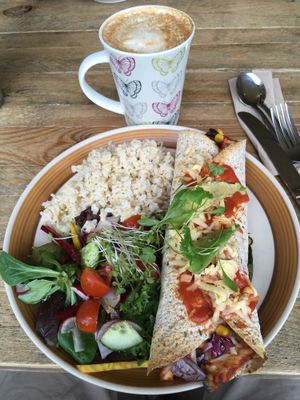 Enchilada and soya latte. at Mad Cucumber in Bournemouth