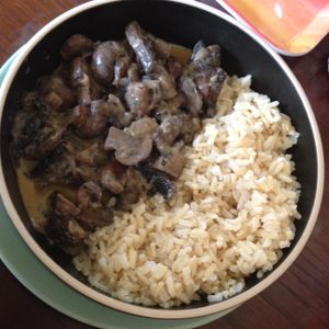 mushroom stroganoff with rice at Mad Cucumber in Bournemouth