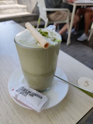 Matcha latte with soy milk at Flamingo's in Lanzarote