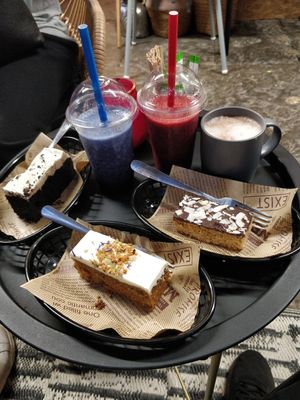 Cakes, smoothies and a mushroom cacao ordered by my siblings and I at Moon Chi Crystal Shop in Eccles