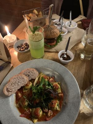Ravioli and quinoa hamburger  at Green Point in Cusco