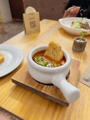 Cream of tomato soup  at Green Point in Cusco