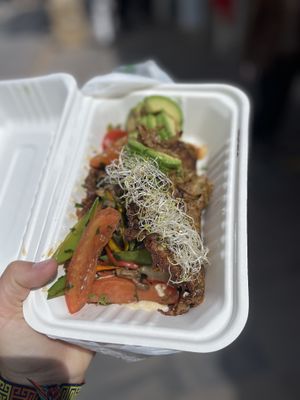 Flax potato omelette that I had to throw in a box so don’t let the presentation fool you!  at Green Point in Cusco
