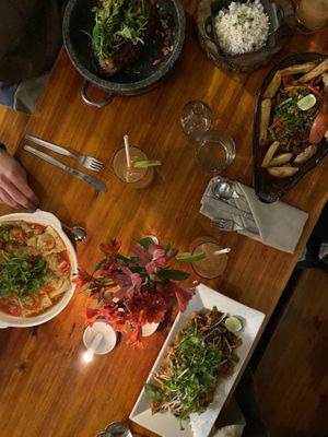 Dinner spread! Ravioli, Pad Thai, Tacu Tacu, Vegan Saltado  at Green Point in Cusco