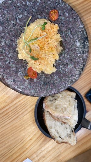 Free starter- hummus and bread (really nice)  at Green Point in Cusco