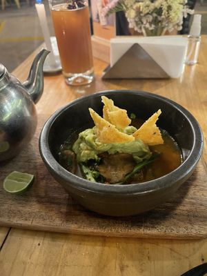 Vegan spicy lentil soup  at Green Point in Cusco